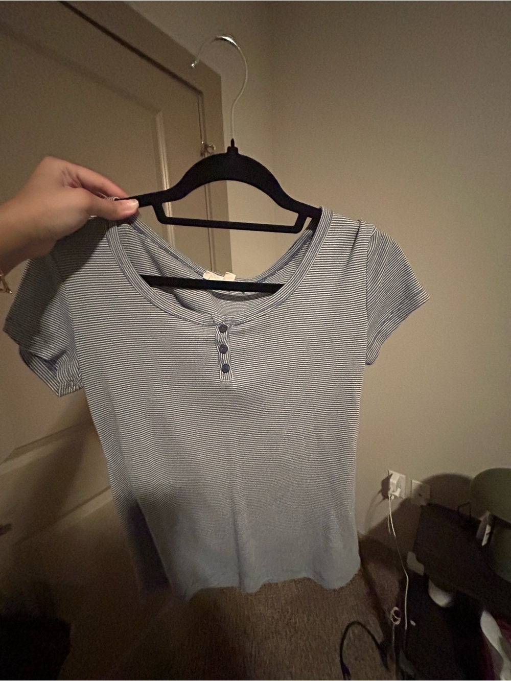 Striped Short-Sleeve Henley Top in Light Blue